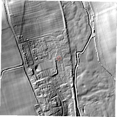 Shaded relief map of the ground around PO180DW, computed from Environment Agency LiDAR. The ground here sits at about 34 m above sea level and falls 19 m across the surrounding 800 m. Surface water reaching this point runs off ground lying to the west-north-west, 12.5 m higher.
