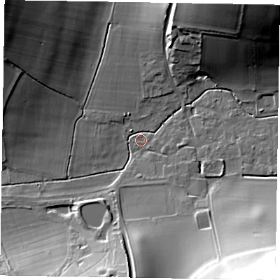 Shaded relief map of the ground around PO180EX, computed from Environment Agency LiDAR. The ground here sits at about 57 m above sea level and falls 48 m across the surrounding 800 m. Surface water reaching this point runs off ground lying to the south-east, 46.1 m higher.
