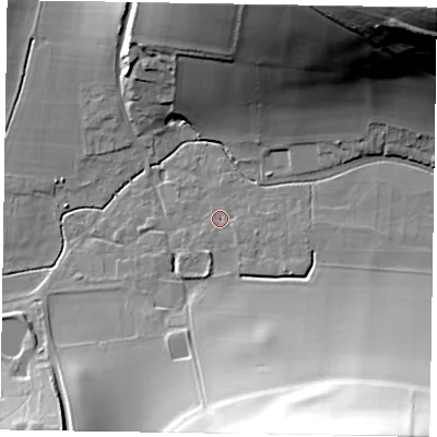 Shaded relief map of the ground around PO180EZ, computed from Environment Agency LiDAR. The ground here sits at about 58 m above sea level and falls 71 m across the surrounding 800 m. Surface water reaching this point runs off ground lying to the south-east, 1.2 m higher.
