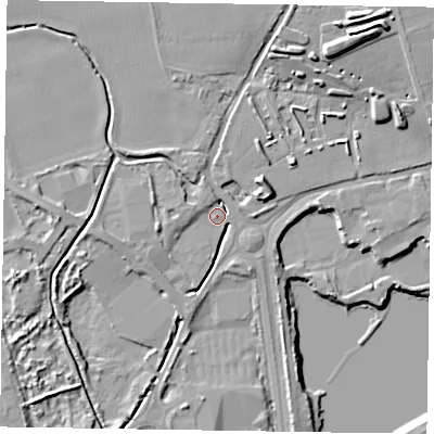 Shaded relief map of the ground around PO180FB, computed from Environment Agency LiDAR. The ground here sits at about 19 m above sea level and falls 17 m across the surrounding 800 m. Surface water reaching this point runs off ground lying to the west-north-west, 2.7 m higher.