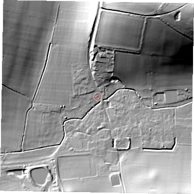 Shaded relief map of the ground around PO180HB, computed from Environment Agency LiDAR. The ground here sits at about 58 m above sea level and falls 68 m across the surrounding 800 m. Surface water reaching this point runs off ground lying to the north-east, 65.6 m higher.