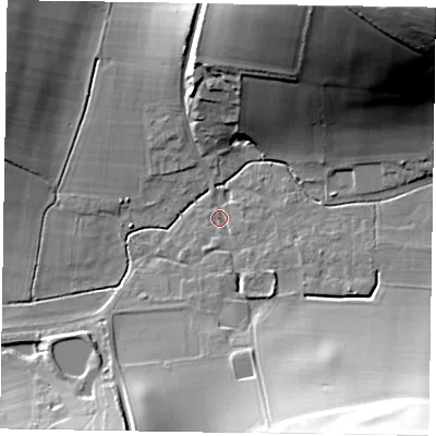 Shaded relief map of the ground around PO180HN, computed from Environment Agency LiDAR. The ground here sits at about 57 m above sea level and falls 66 m across the surrounding 800 m. Surface water reaching this point runs off ground lying to the north-east, 63.7 m higher.
