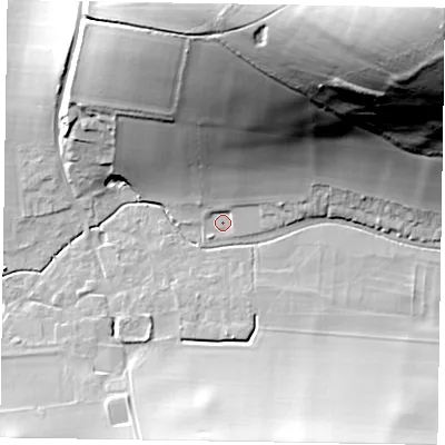 Shaded relief map of the ground around PO180HP, computed from Environment Agency LiDAR. The ground here sits at about 59 m above sea level and falls 98 m across the surrounding 800 m. Surface water reaching this point runs off ground lying to the north-east, 83.5 m higher.