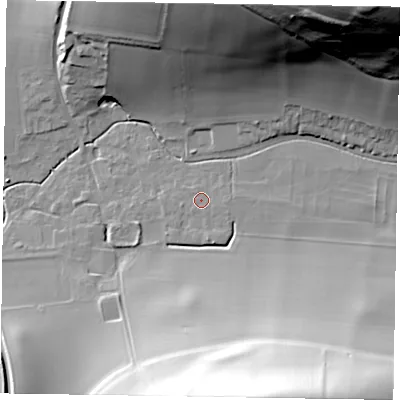 Shaded relief map of the ground around PO180HR, computed from Environment Agency LiDAR. The ground here sits at about 60 m above sea level and falls 77 m across the surrounding 800 m. Surface water reaching this point runs off ground lying to the south-south-east, 1.8 m higher.