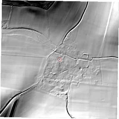 Shaded relief map of the ground around PO180HU, computed from Environment Agency LiDAR. The ground here sits at about 64 m above sea level and falls 40 m across the surrounding 800 m. Surface water reaching this point runs off ground lying to the south-south-west, 2.1 m higher.
