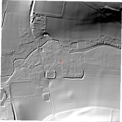 Shaded relief map of the ground around PO180HW, computed from Environment Agency LiDAR. The ground here sits at about 59 m above sea level and falls 75 m across the surrounding 800 m. Surface water reaching this point runs off ground lying to the south-east, 2.4 m higher.