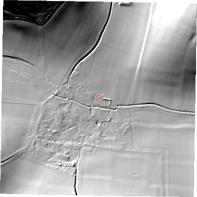 Shaded relief map of the ground around PO180HX, computed from Environment Agency LiDAR. The ground here sits at about 65 m above sea level and falls 61 m across the surrounding 800 m. Surface water reaching this point runs off ground lying to the north-east, 58.6 m higher.
