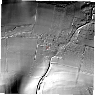 Shaded relief map of the ground around PO180JA, computed from Environment Agency LiDAR. The ground here sits at about 77 m above sea level and falls 67 m across the surrounding 800 m. Surface water reaching this point runs off ground lying to the south, 4.4 m higher.