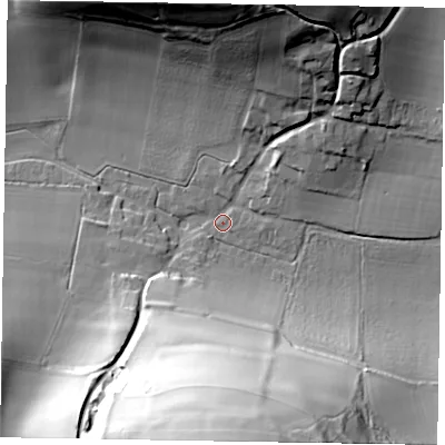 Shaded relief map of the ground around PO180JB, computed from Environment Agency LiDAR. The ground here sits at about 75 m above sea level and falls 63 m across the surrounding 800 m. Surface water reaching this point runs off ground lying to the south, 60.4 m higher.