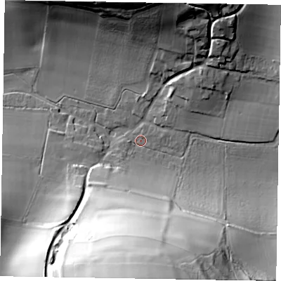 Shaded relief map of the ground around PO180JD, computed from Environment Agency LiDAR. The ground here sits at about 75 m above sea level and falls 66 m across the surrounding 800 m. Surface water reaching this point runs off ground lying to the south, 63.3 m higher.