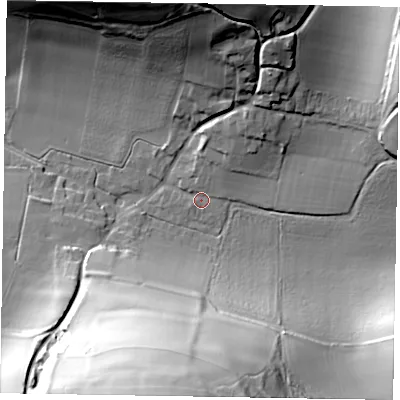 Shaded relief map of the ground around PO180JF, computed from Environment Agency LiDAR. The ground here sits at about 76 m above sea level and falls 62 m across the surrounding 800 m. Surface water reaching this point runs off ground lying to the north-north-east, 8.5 m higher.