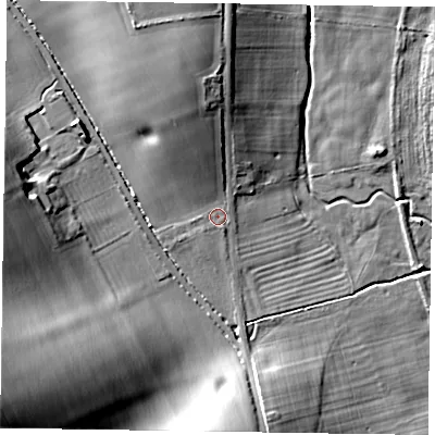 Shaded relief map of the ground around PO180JR, computed from Environment Agency LiDAR. The ground here sits at about 38 m above sea level and falls 18 m across the surrounding 800 m. Surface water reaching this point runs off ground lying to the north-north-west, 9.1 m higher.