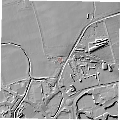 Shaded relief map of the ground around PO180NL, computed from Environment Agency LiDAR. The ground here sits at about 20 m above sea level and falls 17 m across the surrounding 800 m. Surface water reaching this point runs off ground lying to the north, 8.6 m higher.