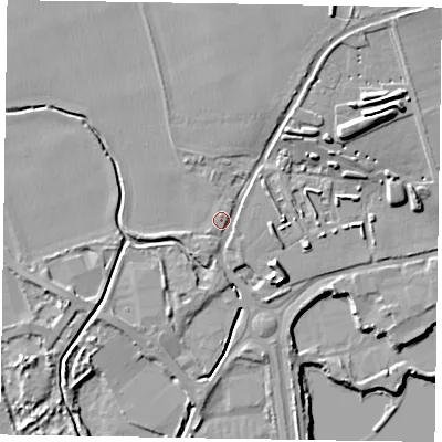 Shaded relief map of the ground around PO180NR, computed from Environment Agency LiDAR. The ground here sits at about 20 m above sea level and falls 17 m across the surrounding 800 m. Surface water reaching this point runs off ground lying to the north, 9.0 m higher.