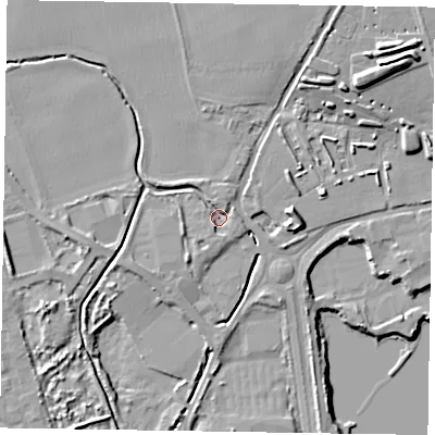 Shaded relief map of the ground around PO180PR, computed from Environment Agency LiDAR. The ground here sits at about 19 m above sea level and falls 17 m across the surrounding 800 m. Surface water reaching this point runs off ground lying to the north-north-west, 2.4 m higher.