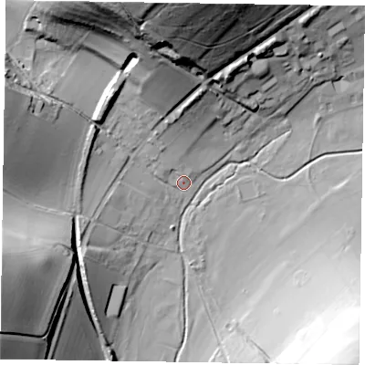 Shaded relief map of the ground around PO180QY, computed from Environment Agency LiDAR. The ground here sits at about 48 m above sea level and falls 53 m across the surrounding 800 m. Surface water reaching this point runs off ground lying to the north, 50.7 m higher.