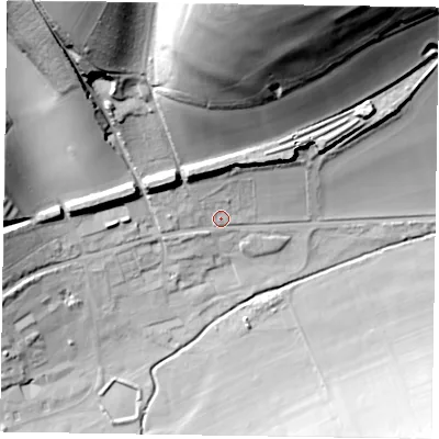 Shaded relief map of the ground around PO180RX, computed from Environment Agency LiDAR. The ground here sits at about 59 m above sea level and falls 75 m across the surrounding 800 m. Surface water reaching this point runs off ground lying to the north, 65.1 m higher.