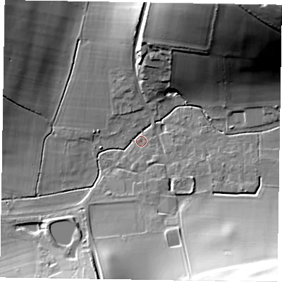 Shaded relief map of the ground around PO180SB, computed from Environment Agency LiDAR. The ground here sits at about 57 m above sea level and falls 63 m across the surrounding 800 m. Surface water reaching this point runs off ground lying to the north-east, 61.0 m higher.
