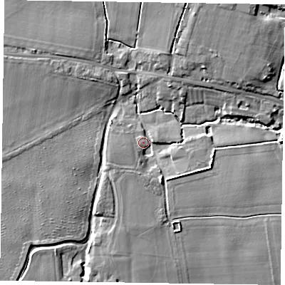 Shaded relief map of the ground around PO188AP, computed from Environment Agency LiDAR. The ground here sits at about 6 m above sea level and falls 8 m across the surrounding 800 m. Surface water reaching this point runs off ground lying to the south-east, 3.9 m higher.