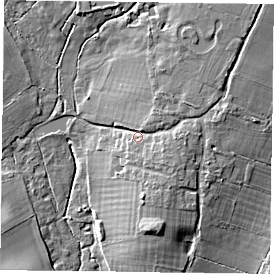 Shaded relief map of the ground around PO188DS, computed from Environment Agency LiDAR. The ground here sits at about 21 m above sea level and falls 14 m across the surrounding 800 m. Surface water reaching this point runs off ground lying to the north-east, 8.4 m higher.