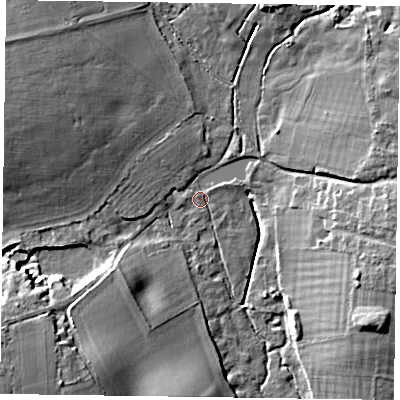 Shaded relief map of the ground around PO188DX, computed from Environment Agency LiDAR. The ground here sits at about 16 m above sea level and falls 17 m across the surrounding 800 m. Surface water reaching this point runs off ground lying to the north-west, 9.8 m higher.