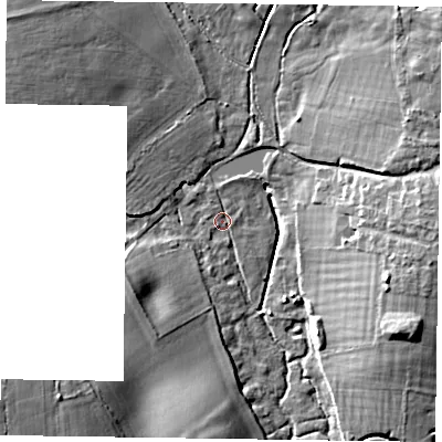 Shaded relief map of the ground around PO188DY, computed from Environment Agency LiDAR. The ground here sits at about 16 m above sea level and falls 17 m across the surrounding 800 m. Surface water reaching this point runs off ground lying to the north-west, 9.8 m higher.