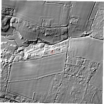 Shaded relief map of the ground around PO188ES, computed from Environment Agency LiDAR. The ground here sits at about 5 m above sea level and falls 8 m across the surrounding 800 m. Surface water reaching this point runs off ground lying to the south-east, 1.2 m higher.