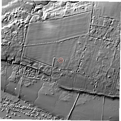Shaded relief map of the ground around PO188ET, computed from Environment Agency LiDAR. The ground here sits at about 6 m above sea level and falls 10 m across the surrounding 800 m. The ground contributing surface water to this point lies to the north-east.