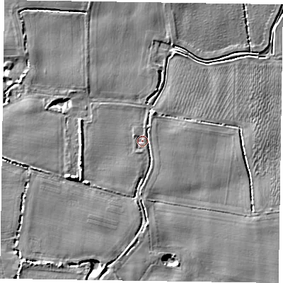 Shaded relief map of the ground around PO188EZ, computed from Environment Agency LiDAR. The ground here sits at about 5 m above sea level and falls 7 m across the surrounding 800 m. Surface water reaching this point runs off ground lying to the south, 2.2 m higher.