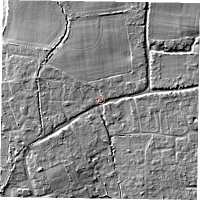 Shaded relief map of the ground around PO188HG, computed from Environment Agency LiDAR. The ground here sits at about 5 m above sea level and falls 7 m across the surrounding 800 m. Surface water reaching this point runs off ground lying to the north-north-east, 4.6 m higher.