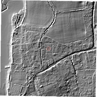 Shaded relief map of the ground around PO188HH, computed from Environment Agency LiDAR. The ground here sits at about 5 m above sea level and falls 10 m across the surrounding 800 m. Surface water reaching this point runs off ground lying to the north-west, 1.1 m higher.