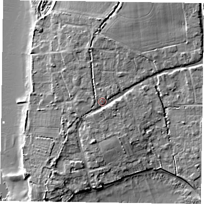 Shaded relief map of the ground around PO188HL, computed from Environment Agency LiDAR. The ground here sits at about 5 m above sea level and falls 9 m across the surrounding 800 m. Surface water reaching this point runs off ground lying to the south, 1.6 m higher.