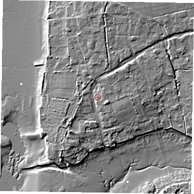 Shaded relief map of the ground around PO188HP, computed from Environment Agency LiDAR. The ground here sits at about 4 m above sea level and falls 8 m across the surrounding 800 m. Surface water reaching this point runs off ground lying to the north-east, 2.1 m higher.
