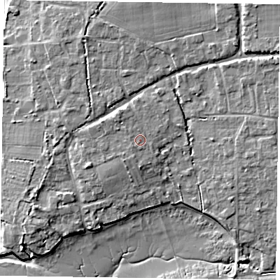 Shaded relief map of the ground around PO188HQ, computed from Environment Agency LiDAR. The ground here sits at about 5 m above sea level and falls 8 m across the surrounding 800 m. Surface water reaching this point runs off ground lying to the north-west, 1.2 m higher.