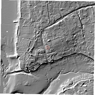 Shaded relief map of the ground around PO188HS, computed from Environment Agency LiDAR. The ground here sits at about 4 m above sea level and falls 8 m across the surrounding 800 m. Surface water reaching this point runs off ground lying to the north-north-east, 2.4 m higher.