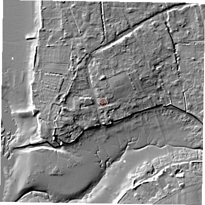 Shaded relief map of the ground around PO188HT, computed from Environment Agency LiDAR. The ground here sits at about 4 m above sea level and falls 8 m across the surrounding 800 m. Surface water reaching this point runs off ground lying to the north, 2.5 m higher.