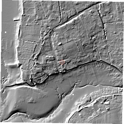 Shaded relief map of the ground around PO188HU, computed from Environment Agency LiDAR. The ground here sits at about 4 m above sea level and falls 8 m across the surrounding 800 m. Surface water reaching this point runs off ground lying to the north-north-east, 1.7 m higher.