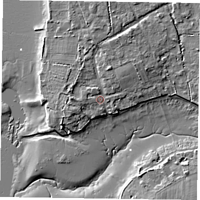 Shaded relief map of the ground around PO188HX, computed from Environment Agency LiDAR. The ground here sits at about 3 m above sea level and falls 8 m across the surrounding 800 m. Surface water reaching this point runs off ground lying to the north-north-east, 2.7 m higher.