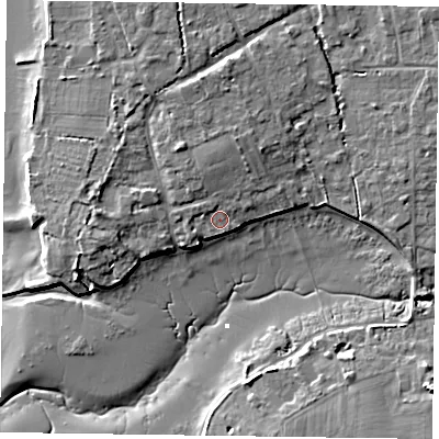 Shaded relief map of the ground around PO188HZ, computed from Environment Agency LiDAR. The ground here sits at about 3 m above sea level and falls 8 m across the surrounding 800 m. Surface water reaching this point runs off ground lying to the north, 1.3 m higher.