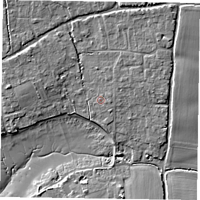 Shaded relief map of the ground around PO188JE, computed from Environment Agency LiDAR. The ground here sits at about 4 m above sea level and falls 8 m across the surrounding 800 m. Surface water reaching this point runs off ground lying to the east-north-east, 1.0 m higher.