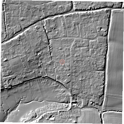 Shaded relief map of the ground around PO188JF, computed from Environment Agency LiDAR. The ground here sits at about 4 m above sea level and falls 8 m across the surrounding 800 m. Surface water reaching this point runs off ground lying to the east-north-east, 1.8 m higher.