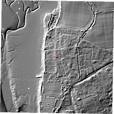 Shaded relief map of the ground around PO188JP, computed from Environment Agency LiDAR. The ground here sits at about 5 m above sea level and falls 9 m across the surrounding 800 m. Surface water reaching this point runs off ground lying to the north-east, 1.4 m higher.