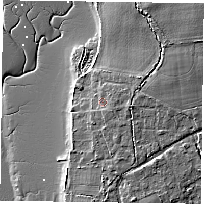 Shaded relief map of the ground around PO188LH, computed from Environment Agency LiDAR. The ground here sits at about 4 m above sea level and falls 10 m across the surrounding 800 m. Surface water reaching this point runs off ground lying to the east, 1.2 m higher.