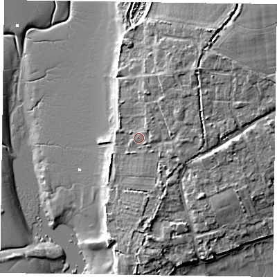 Shaded relief map of the ground around PO188LJ, computed from Environment Agency LiDAR. The ground here sits at about 4 m above sea level and falls 8 m across the surrounding 800 m. Surface water reaching this point runs off ground lying to the north-east, 2.2 m higher.