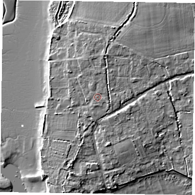 Shaded relief map of the ground around PO188LL, computed from Environment Agency LiDAR. The ground here sits at about 5 m above sea level and falls 9 m across the surrounding 800 m. Surface water reaching this point runs off ground lying to the north-east, 0.6 m higher.