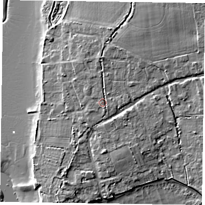 Shaded relief map of the ground around PO188LP, computed from Environment Agency LiDAR. The ground here sits at about 5 m above sea level and falls 9 m across the surrounding 800 m. Surface water reaching this point runs off ground lying to the south-south-east, 1.3 m higher.