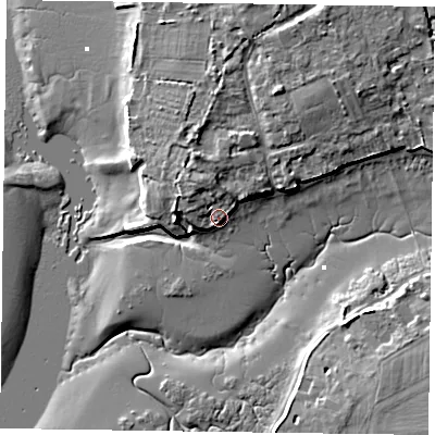Shaded relief map of the ground around PO188LR, computed from Environment Agency LiDAR. The ground here sits at about 3 m above sea level and falls 8 m across the surrounding 800 m. Surface water reaching this point runs off ground lying to the north-west, 3.6 m higher.