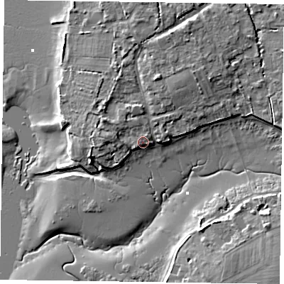 Shaded relief map of the ground around PO188LS, computed from Environment Agency LiDAR. The ground here sits at about 3 m above sea level and falls 8 m across the surrounding 800 m. Surface water reaching this point runs off ground lying to the west-north-west, 2.2 m higher.