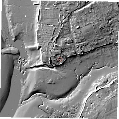 Shaded relief map of the ground around PO188LT, computed from Environment Agency LiDAR. The ground here sits at about 3 m above sea level and falls 8 m across the surrounding 800 m. Surface water reaching this point runs off ground lying to the north-west, 2.6 m higher.