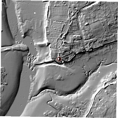 Shaded relief map of the ground around PO188LU, computed from Environment Agency LiDAR. The ground here sits at about 4 m above sea level and falls 8 m across the surrounding 800 m. Surface water reaching this point runs off ground lying to the north-east, 4.8 m higher.